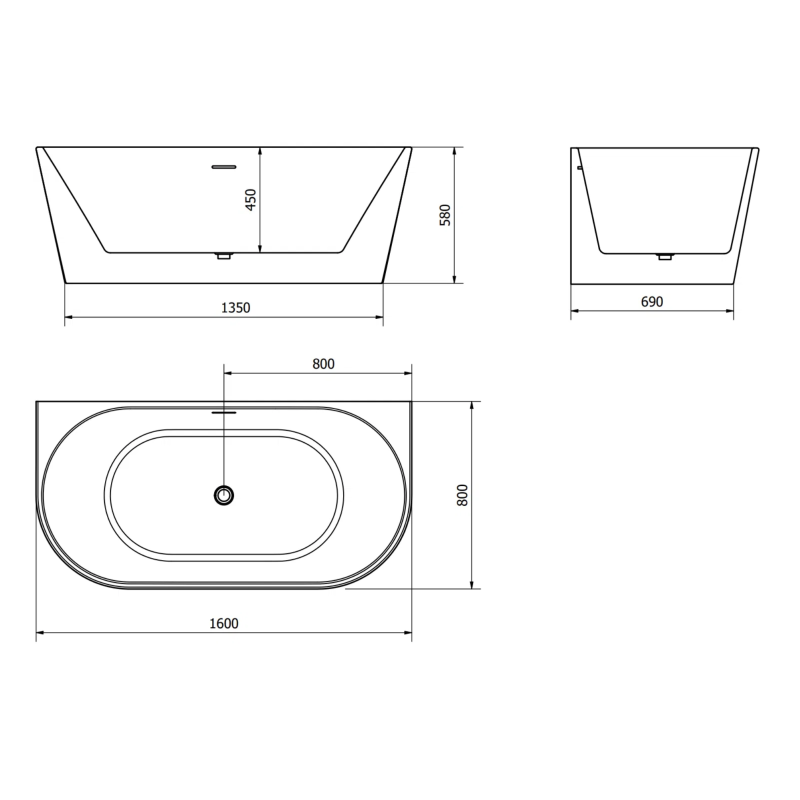 Aurelia Oval 160×80 – elegancka wanna przyścienna wolnostojąca | Czarna, akryl sanitarny