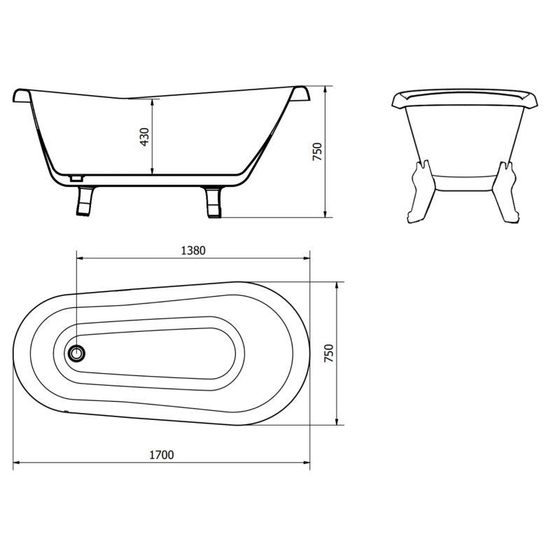Retro wanna wolnostojąca – czarna / biała – nogi chrom – 170×75 / 160×70 / 150×70 cm – elegancja i styl