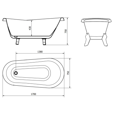 Retro wanna wolnostojąca – czarna / biała – nogi chrom – 170×75 / 160×70 / 150×70 cm – elegancja i styl