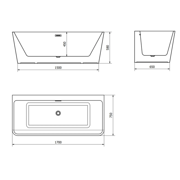 Orion – czarna wanna przyscienna 150×75 cm z przelewem w wielu kolorach 2